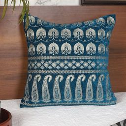 Decoghar Blue & Silver Toned Ethnic Motifs Woven Design Square Cushion Covers-picture-16