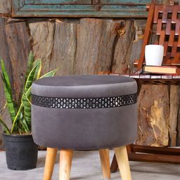 Shadowkart Grey Velvet & Wooden Round Ottoman-image-61