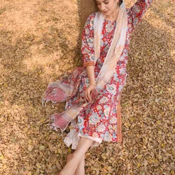 Royal Export Polka Dots Printed Notched Round Neck Regular Kurta With Trousers & Dupatta image 5