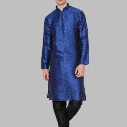 ROYAL KURTA Men Blue Ethnic Motifs Printed Dupion Silk Kurta with Churidar-picture-4