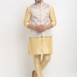 Kaifoo Men Gold-Toned Solid Kurta With Churidar & Nehru Jacket-7