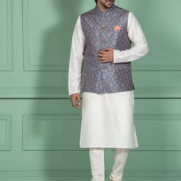 KISAH Men Blue Kurta with Churidar & Nehru Jacket-12