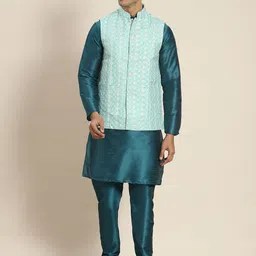 SOJANYA Men Teal Ethnic Motifs Embroidered Kurta with Churidar-picture-11