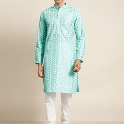 SOJANYA Men Blue & White Embroidered Kurta with Churidar-image-12