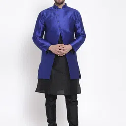 Kaifoo Men Black & Blue Layered Kurta with Churidar & Jacket-53