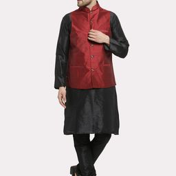 Kaifoo Men Black and Maroon Kurta with Churidar-97
