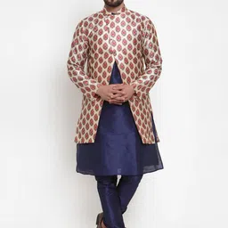 Kaifoo Men Navy Blue Solid Silk Blend Kurta with Churidar & Jacket-image-30