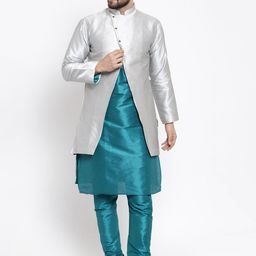 Kaifoo Men Green & Silver Solid Silk Blend Kurta Set-62