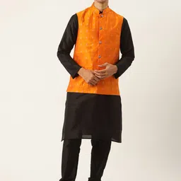 SOJANYA Men Black & Orange Kurta with Churidar-picture-20