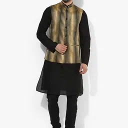 KISAH Men Black & Gold Striped Kurta with Churidar & With Jacket-44