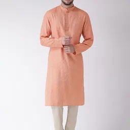 TABARD Men Coral & White Silk Blend Printed Kurta With Pyjamas-picture-7