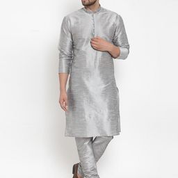 KRAFT INDIA Men Silver-Toned Striped Regular Dupion Silk Kurta with Churidar-picture-18