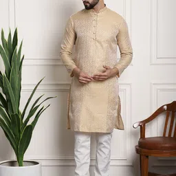 SOJANYA Men Gold-Toned & Off-White Self Design Kurta with Churidar-picture-4