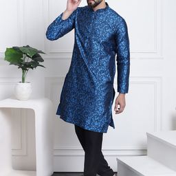 SOJANYA Men Blue & Black Self-Design Kurta with Churidar-12