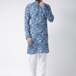 Hangup Men Blue & White Floral Printed Pure Cotton Kurta with Churidar-image-72