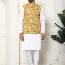SOJANYA Geometric Embroidered Thread Work Pure Cotton Kurta With Churidar & Nehru Jacket-picture-42