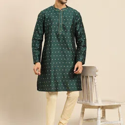 Amodh by Kisah Men Green & Golden Woven Design Kurta with Churidar-image-67