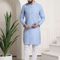 SOJANYA Men Blue & White Woven Design Kurta with Churidar-55