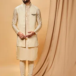 KISAH Mandarin Collar Straight Kurta & Churidar With Nehru jacket-image-65
