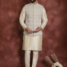 Anouk Men Geometric Embroidered Thread Work Straight Kurta With Churidar & Nehru Jacket-17