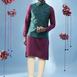KISAH Mandarin Collar Kurta with Churidar & Nehru Jacket-image-47