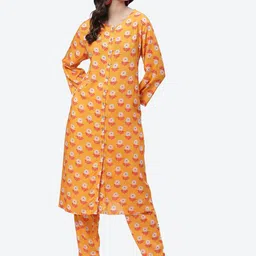 Biba Women Yellow Floral Printed Straight Kurta with Trousers-image-80