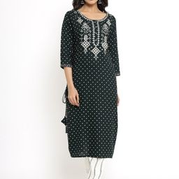 UNISETS Women Green & Off-white Geometric Printed Thread Work Kurta with Trousers-picture-22