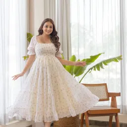 Women Fit and Flare White Below Knee Dress-image-80