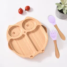 Bamboo Owl Suction Plate with Feeding Spoon and Fork - Bamboo, Silicon-image-7