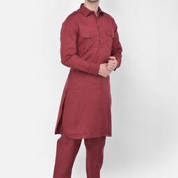 SG LEMAN Men Maroon Regular Pathani Kurta with Pyjamas image 3