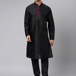 Hangup Men Black & Beige Regular Dupion Silk Kurta With Pyjama & Blazer image 2