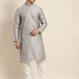 Anug by SOJANYA Men Silver-Toned Band Collar Kurta-image-55