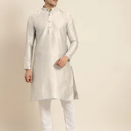 Anug by SOJANYA Men Grey Ethnic Motifs Mandarin Collar Kurta-image-4