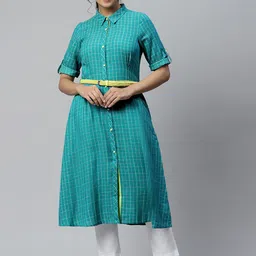 AURELIA Women Teal Checked Asymmetric Kurta-image-42