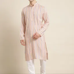 SOJANYA Men Peach-Coloured & White Striped Cotton Kurta with Churidar-70
