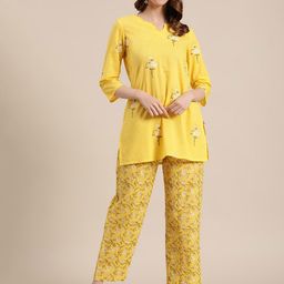 Varanga Women Yellow & White Printed Pure Cotton Tunic with Trousers-image-16