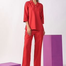 JISORA Cuban Collar Pure Cotton Top With Trousers-image-69