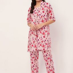 Moomaya 3-Pieces Floral Printed Pure Cotton Night Suit-image-79