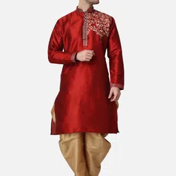 ROYAL KURTA Mandarin Collar Thread Work Detailed Dupion Silk Kurta with Patiala-29
