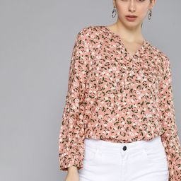Chemistry Peach-Coloured & White Floral Printed Mandarin Collar Shirt Style Top-picture-8