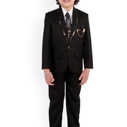 FOURFOLDS Boys Black Solid 5-Piece Single-Breasted Partywear Suit-image-14
