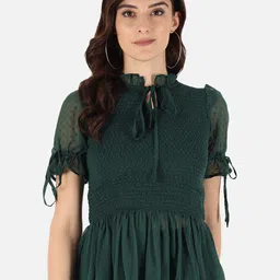 Trend Arrest Self Design Tie-Up Neck Smocked Dobby Peplum Top-image-99