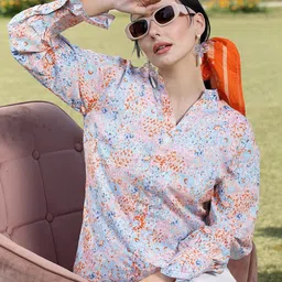 plusS Blue & Pink Abstract Printed Mandarin Collar Bell Sleeves Shirt Style Top-picture-16