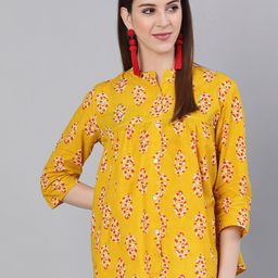 antaran Yellow Floral Print Mandarin Collar Shirt Style Top-image-0