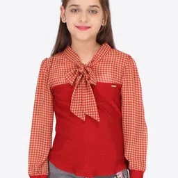 CUTECUMBER Girls Red Tie-Up Neck Checked Regular Top-image-51