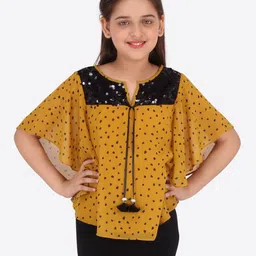 CUTECUMBER Mustard Printed Flutter Sleeves Georgette Regular Top-13