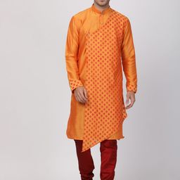 VASTRAMAY Men Orange & Maroon Ethnic Motifs Printed Angrakha Kurta with Churidar-image-73