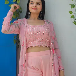 TextileNow Embroidered Mirror Work Top With Sharara & Shrug image 2