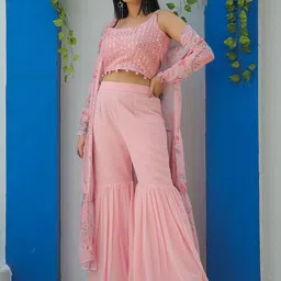 TextileNow Embroidered Mirror Work Top With Sharara & Shrug image 3