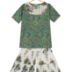 Ka-mee Girls Green Floral Printed Pure Cotton Kurti with Sharara-image-42
